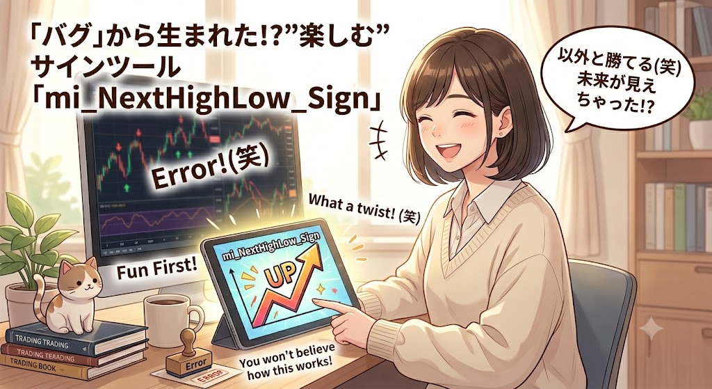 「バグ」から生まれたユニークなサインツール「mi_NextHighLow_Sign」をタブレットで紹介し、笑顔を見せる女性トレーダーのイラスト