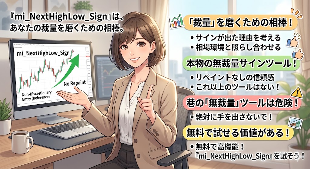 ボブヘアでオフィスカジュアルを着た明るい女性トレーダーがデスクに座り、PCモニターに表示された「mi_NextHighLow_Sign」のチャートを指し示している。右側には「『裁量』を磨くための相棒！」「本物の無裁量サインツール！」「巷の『無裁量』ツールは危険！」「無料で試せる価値がある！」という4つのポイントが図解されている