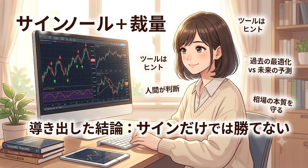 「サインツール+裁量」の重要性を伝える女性トレーダーのイラスト。パソコン画面の「導き出した結論：サインだけでは勝てない」という大きな要約テキストを中心に、ツールはヒントであり、最終的な判断は人間が行うべきだというメッセージを表現しています。