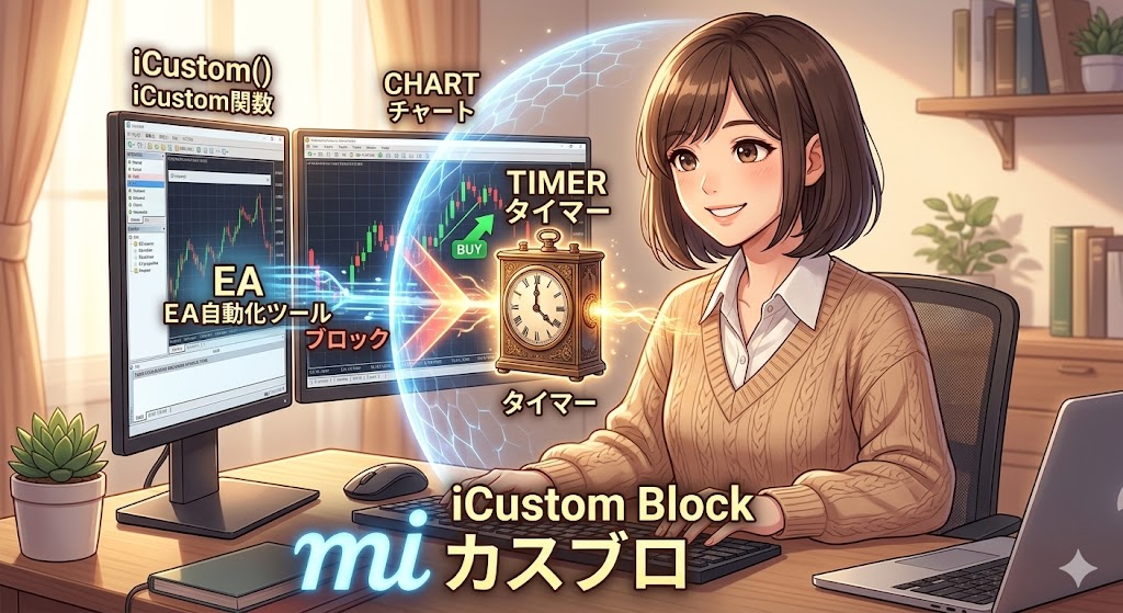 MetaTraderのiCustom関数によるEA化をTimerイベントでブロックする手法、mi iCustom Block（カスブロ）の概念図