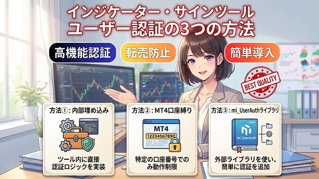 ユーザー認証の３つの方法、①内部直書きのユーザーID、②MT4口座縛り、③mi_UserAuthを使用する
