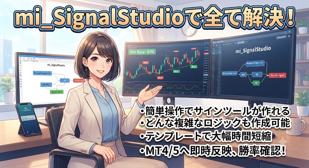 mi_SignalStudioでサインツール作成を劇的効率化。直感操作とテンプレートで、MT4/5への反映や勝率確認までこれ一つで完結！