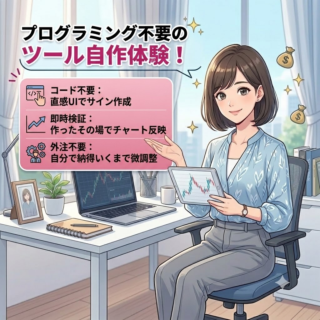 プログラミング不要のツール自作体験! 女性が説明している画像