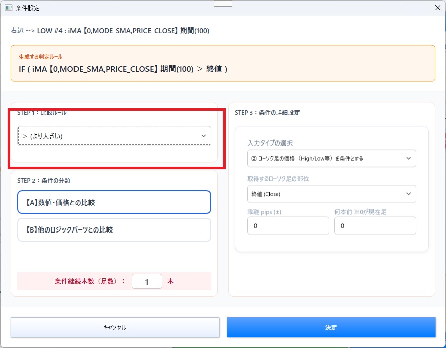 mi_SignalStudio で　MA(100）の値がローソク足のHIGH終値より大きい間　のロジックを組んでいる画像