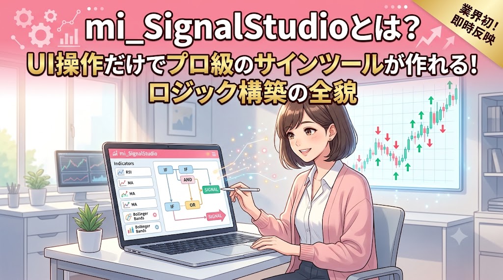 「mi_SignalStudioとは? UI操作だけでプロ級のサインツールが作れる! ロジック構築の全貌」、右上に「業界初!即時反映」のテキスト。
